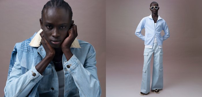 Mannequin à la peau foncée et aux cheveux tressés porte une veste en denim bleu clair et un pantalon à jambes larges, posant devant un fond beige neutre.