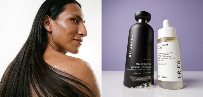 Femme aux longs cheveux noirs lisses regardant par-dessus l'épaule à côté d'une bouteille de shampoing noire et d'un flacon compte-gouttes clair de sérum sur une surface blanche.