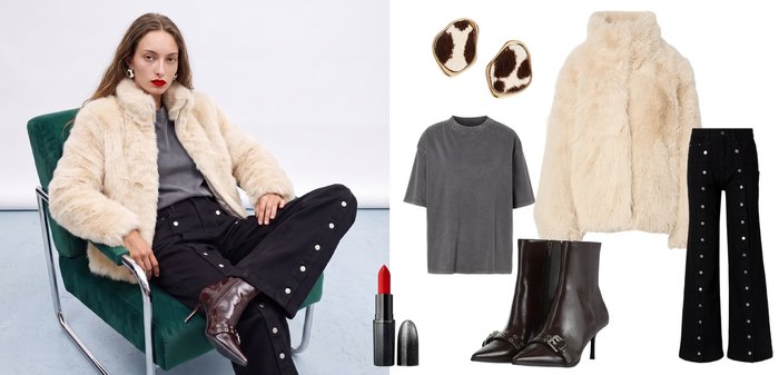 Une femme porte un manteau en fausse fourrure crème avec un pantalon noir clouté et des bottes brunes ; des vêtements et accessoires assortis sont présentés à côté d’elle.