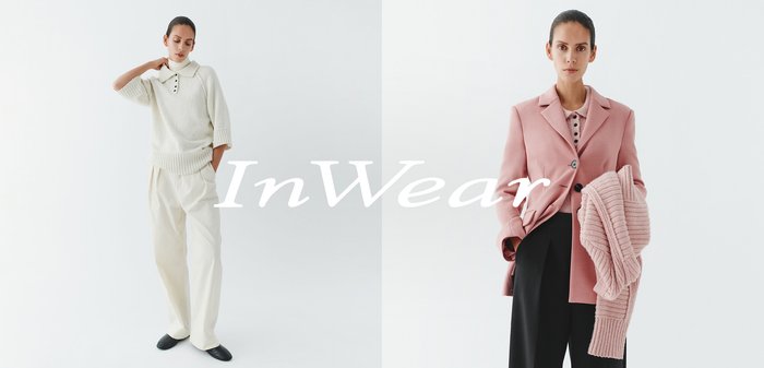 Weisser Strickpullover mit Polokragen, kombiniert mit beigen Hosen. Pinkfarbener, taillierter Blazer über einem hellrosa Top, schwarze Hosen und ein gestrickter Schal.