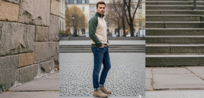 Heren half-rits sweatshirt in beige en groen, gemaakt van zachte stof. Gecombineerd met een blauwe spijkerbroek, staand op een kasseienstraat.