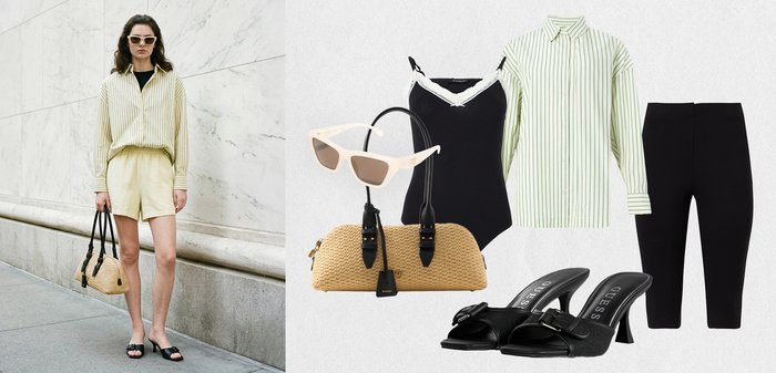 Femme portant une chemise rayée vert pâle, un short crème, des sandales à talons noires, des lunettes de soleil et un sac tressé ; pièces assorties de la tenue affichées séparément.