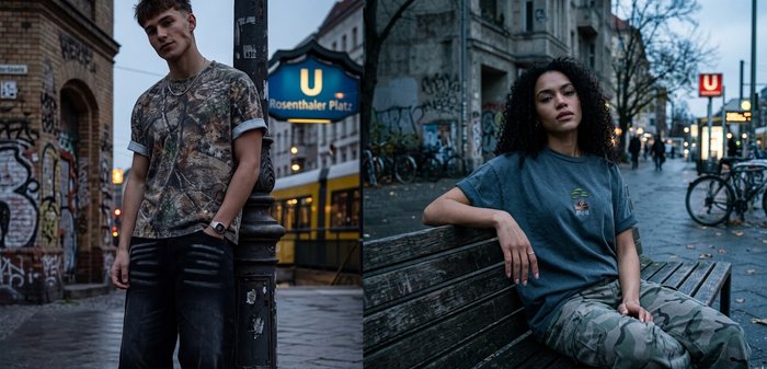 Jeune homme en chemise camouflage et jean foncé appuyé contre un lampadaire près de la station de métro Rosenthaler Platz au crépuscule dans une rue urbaine couverte de graffitis.