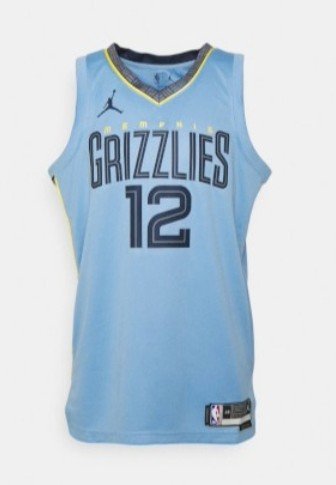 Helehall sinine korvpallimärk "GRIZZLIES" ja numbriga "12" mustas värvitoonis. Omab musta kaelust, kollaseid detaile ning Jordani logo õlal.