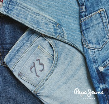 Light and dark blue denim jeans and jacket overlapping, light jeans displaying embroidered "73" on pocket and Pepe Jeans London logo.