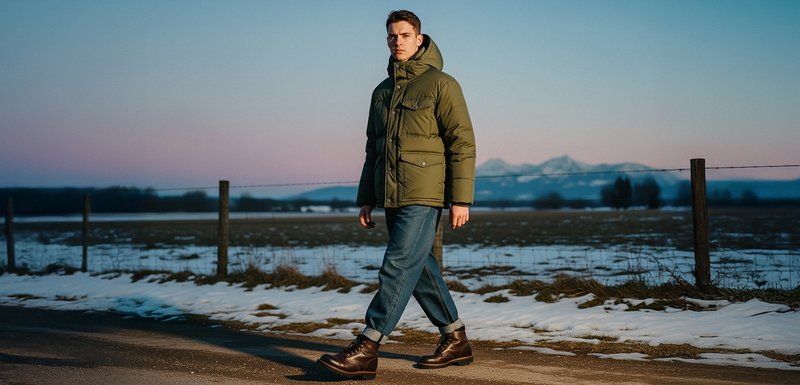 Ελαιόχρωμο πούφτερ μπουφάν με ψηλό γιακά, λεπτομέρειες από κουμπιά και δύο μπροστινές τσέπες, σε συνδυασμό με σκούρο τζιν παντελόνι και καφέ δερμάτινα μποτάκια με κορδόνια.