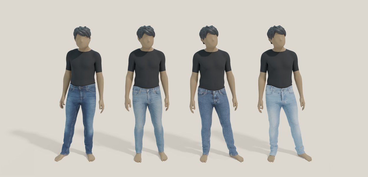 Patru figuri 3D îmbrăcate în tricouri negre cu mânecă scurtă și în nuanțe diferite de blugi: bleu închis, bleu mediu, bleu deschis și bleu estompat.