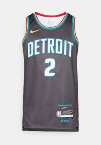 Halli korvpallivest, millel on valge ja türkiissinise kirjaga sõna „DETROIT“, türkiissinine number „2“, punane ja roheline ääris, võrkkangas ning Nike logo õlal.