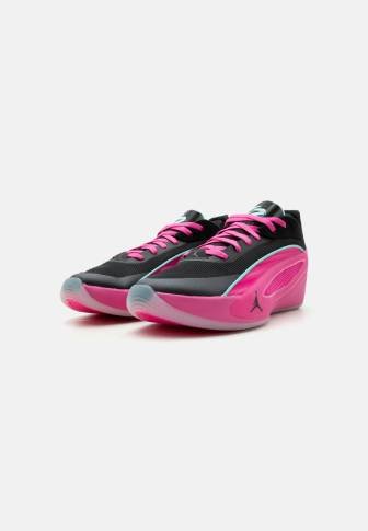 Black and pink athletic shoes with bright pink laces and a sleek, aerodynamic design angled to the right.