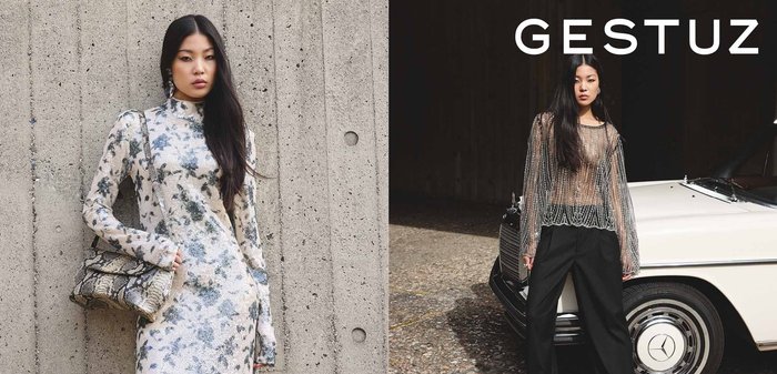 Dva outfita: lijevi prikazuje haljinu sa cvjetnim uzorkom i šljokicama s dugim rukavima; desni prikazuje prozirnu bluzu s perlicama u kombinaciji s crnim hlačama.