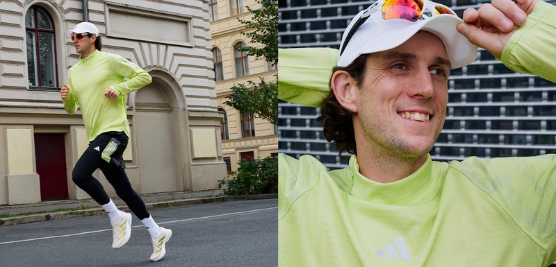 Chemise de sport à manches longues vert vif, pantalon noir avec des rayures blanches sur les côtés et chaussures de course blanches. La personne fait du jogging en extérieur.