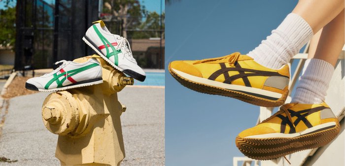 Zapatillas blancas con detalles verdes y rojos, con suela texturizada. Zapatos amarillos con detalles marrones y acentos grises, hechos de ante y tela.