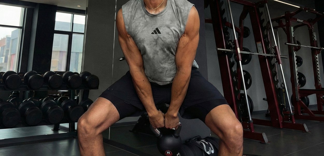 Homme soulevant une kettlebell dans une salle de sport, portant un débardeur Adidas et un short noir, entouré d'haltères et d'équipements de gym.