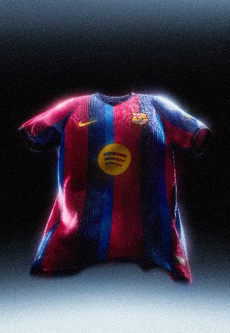 FC Barcelona Fußballtrikot mit blauen und roten vertikalen Streifen und einem gelben Spotify-Logo in der Mitte, beleuchtet vor dunklem Hintergrund.