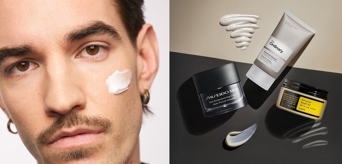 Ansigtshydrator påført huden; sort krukke med etiketten "SHISEIDO MEN." Tre produkt tuber: The Ordinary rens, COSRX creme, med teksturprøver.