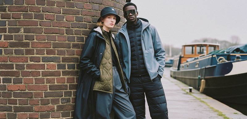 Deux individus se tiennent contre un mur en briques. L'un porte une veste matelassée vert foncé et un imperméable noir ; l'autre, une veste zippée bleu clair et un pantalon noir.