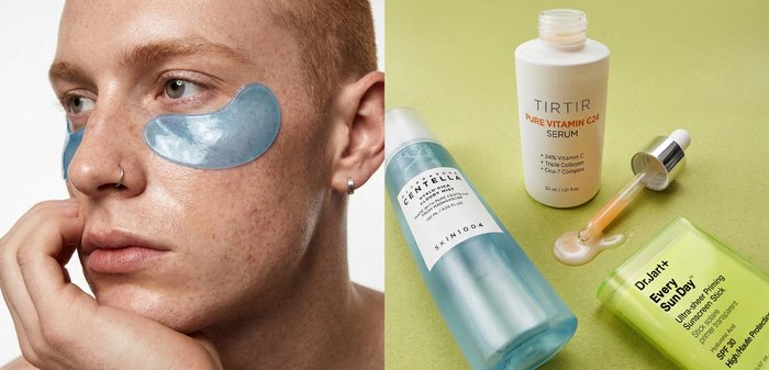 Personne avec un patch bleu sous les yeux sur la joue à côté de trois produits de soin de la peau comprenant un sérum, un tonique et une crème solaire sur une surface verte.
