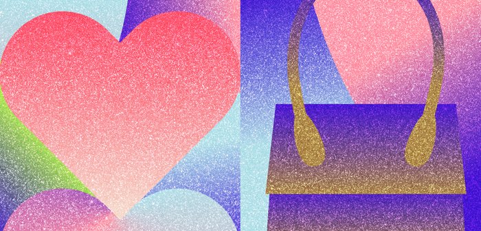 Färgglad abstrakt design med ett stort rött hjärta och en lila handväska med ett gyllene handtag, placerat mot en texturerad gradientbakgrund.