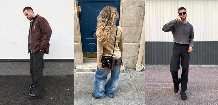 Femme aux cheveux bouclés portant un jean bleu large et une veste beige, faisant face à une porte bleue ; homme en pull gris court, pantalon noir et lunettes de soleil marchant en plein air.