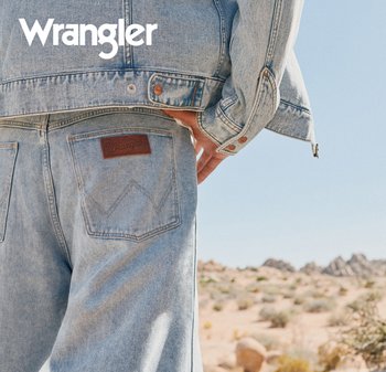 Bakfra bilde av en person som har på seg en lyseblå denimjakke og jeans med Wrangler-logo i et ørkenlandskap under klar himmel.