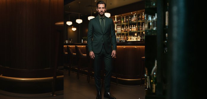 Donkergroene, op maat gemaakte pak met bijpassende stropdas. Soepele stof, slanke pasvorm. Zwarte leren schoenen. Geplaatst in een chique baromgeving.