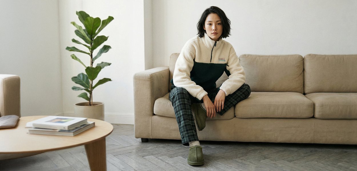 Flis pulover v kremni in temno zeleni barvi, karo hlače, zelena natikača, sedi na bež kavču z rastlino in mizico za kavo v bližini.