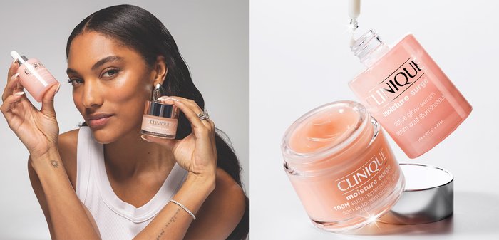 Woman with smooth skin holds Clinique Moisture Surge serum and gel cream next to a close-up of pink Clinique Moisture Surge products.