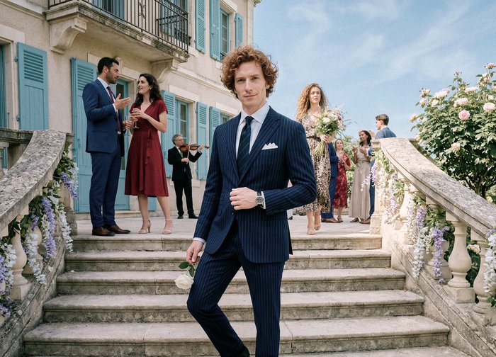 Άνδρας με ναυτικό ριγέ κοστούμι κρατά ένα λευκό τριαντάφυλλο και στέκεται σε διακοσμημένα πέτρινα σκαλοπάτια με καλεσμένους που μιλούν και μουσικό που παίζει βιολί κοντά.