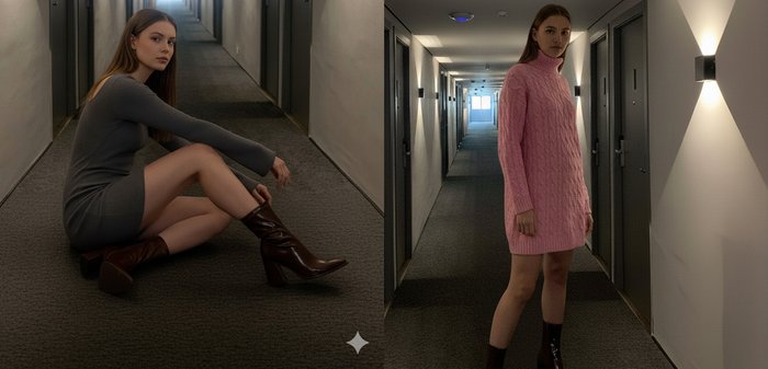 Rochie gri cu dungi, cizme maro cu toc. Rochie roz tricotată cu model în relief, botine maro până la gleznă. Hol slab luminat cu uși în fundal.