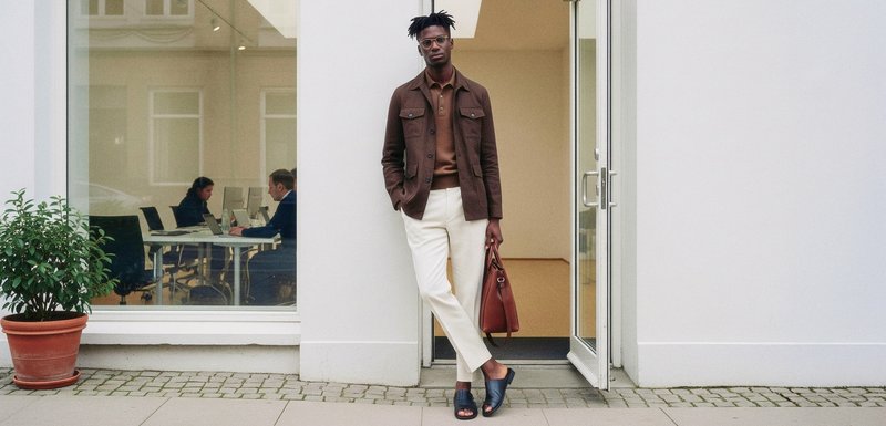 Une personne porte une veste brune, un polo brun et un pantalon blanc, tenant un sac marron. Elle se tient devant un bâtiment moderne.