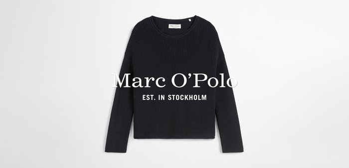 Ciemnoniebieski sweter z teksturowanym wzorem splotu, okrągłym dekoltem i długimi rękawami. Posiada metkę z logo i brandingiem "Marc O’Polo".