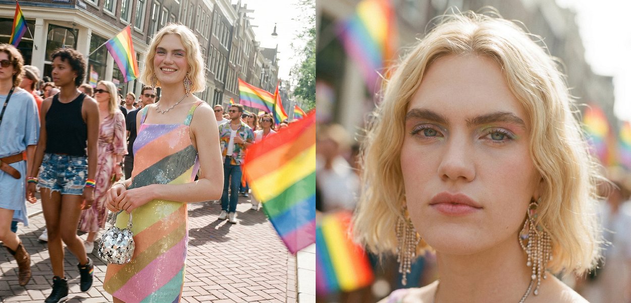 Jonge persoon met blond haar in een regenbooggestreepte jurk staat glimlachend tijdens een pride-mars met regenboogvlaggen en een diverse menigte.