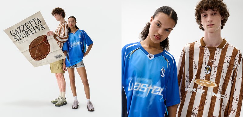 Maillot de sport bleu avec un motif géométrique et un logo, associé à une chemise à rayures marron et blanche ornée d'un badge, sur un fond blanc.