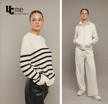 Žena modelujúca béžový pruhovaný sveter s čiernymi nohavicami na ľavej strane a žena v béžovej zipovej bunde a zodpovedajúcich nohaviciach s bielymi teniskami na pravej strane.