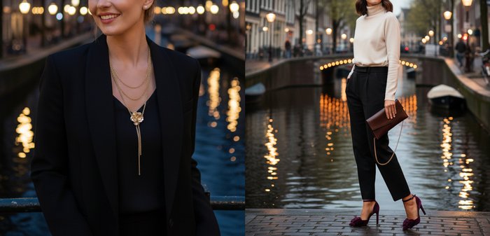 Personne portant un pantalon noir, des talons hauts violets et un haut beige, tenant une pochette marron au bord de l'eau avec des lumières se reflétant sur l'eau.