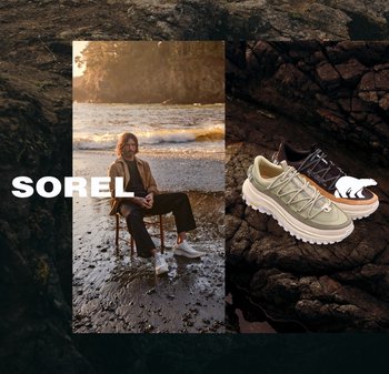 Man sitting on chair at rocky shore wearing light-colored rugged sneakers, adjacent close-up of two casual shoes on dark rocks with brand logo.