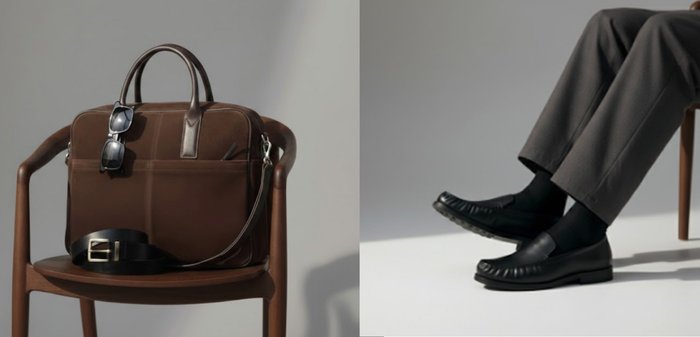 Brūns ādas portfelis ar melnām saulesbrillēm, kas karājas uz roktura, un melns jostas siksna, kas atrodas uz koka krēsla ar roku balstiem.