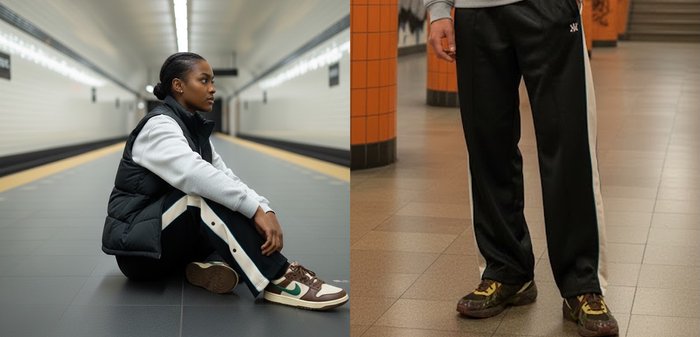 Vestă matlasată neagră peste un hanorac gri, pantaloni negri cu dungi albe și turcoaz, și adidași Nike maro. Locul este o platformă de metrou.