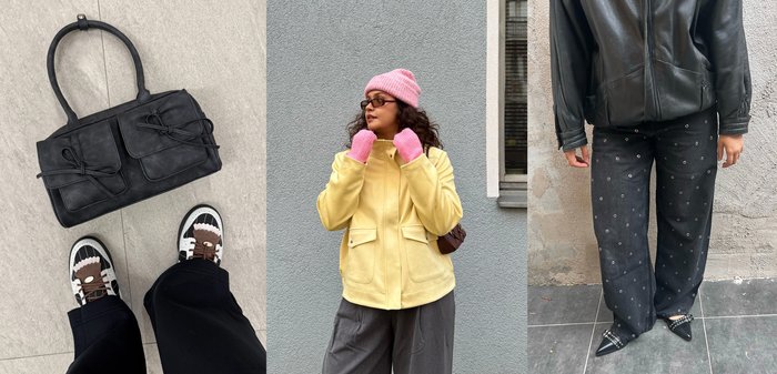 Palton galben din piele întoarsă cu două buzunare frontale, asortat cu mănuși roz tricotate și căciulă roz; jachetă neagră din piele cu blugi negri cu talie largă și buline, și pantofi cu vârful ascuțit.