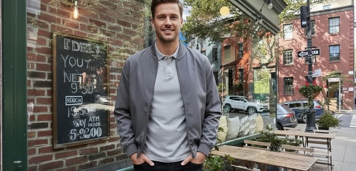 Smiling man wearing a gray jacket and polo stands outside a café with patio tables and city street view behind him.