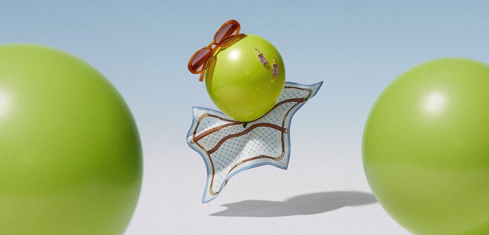 Zelená hroznová bobule stylizovaná se slunečními brýlemi, náušnicemi a šátkem s vzorem, plovoucí mezi dvěma většími zelenými koulemi na světlém pozadí.