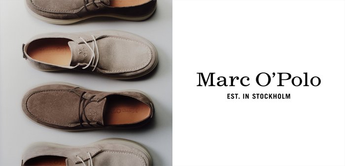 Trzy pary zamszowych butów sznurowanych w neutralnych odcieniach ułożone pionowo obok logo marki Marc O’Polo i tekstu "EST. IN STOCKHOLM".