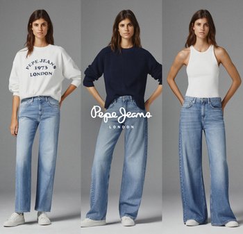 Tres conjuntos que incluyen jeans de mezclilla: un estilo de pierna ancha de color azul claro, combinado con un sudadera gráfica blanca, un top de punto azul marino y un top sin mangas blanco.