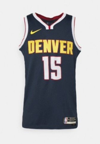 Tumesinine korvpallimärk "DENVER" kollaste tähtedega ja valge numbriga "15". Omab punast ja valget kaelakaunistust ning Nike logo on kollane.