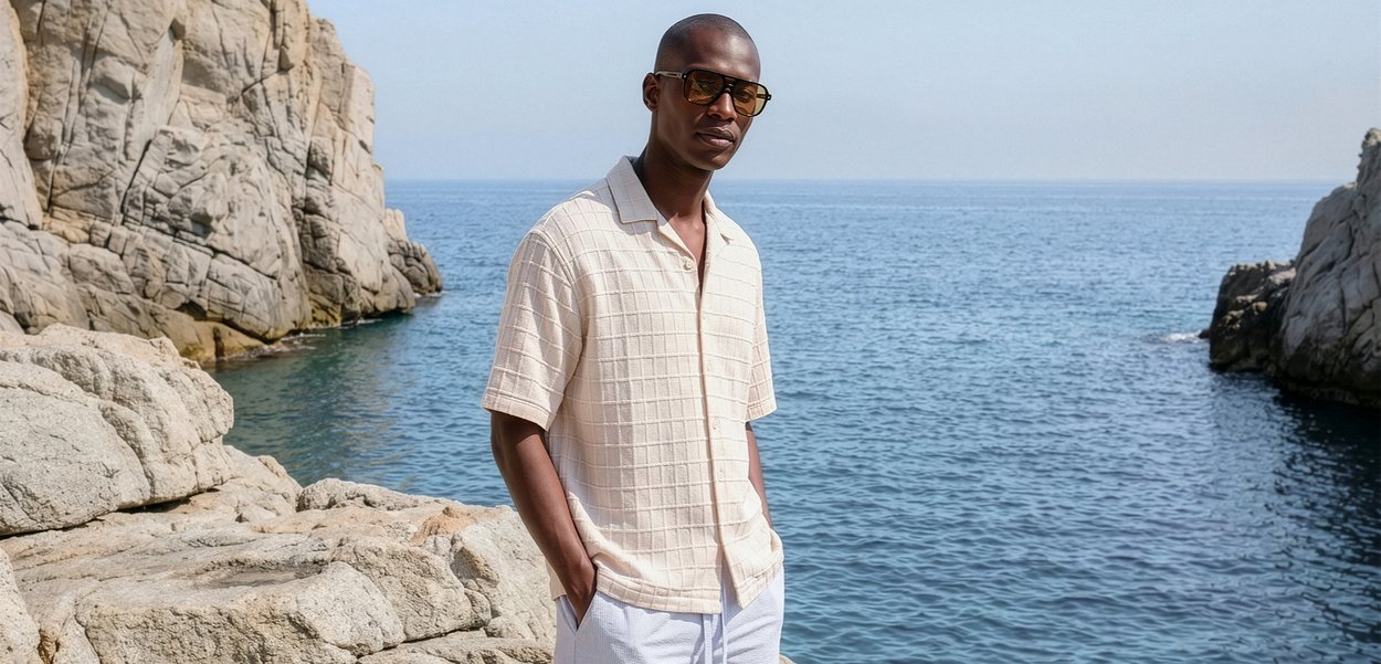 Hombre con gafas de sol y una camisa beige clara de pie sobre acantilados rocosos junto al mar azul tranquilo bajo un cielo despejado.