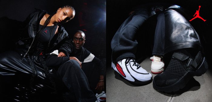 Due modelle vestite con abbigliamento sportivo nero posano a terra; primo piano di tre diverse scarpe Jordan su pavimento in cemento.