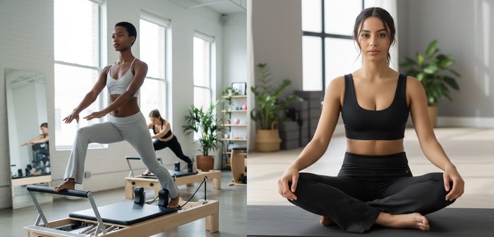 Femeie în echipament sportiv negru, așezată cu picioarele încrucișate pe un covoraș de yoga, meditând în interior, cu plante și ferestre mari în fundal.