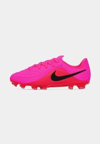 Bright pink Nike soccer cleat with black swoosh logo, laces, and molded studs, shown in profile on a plain light background.