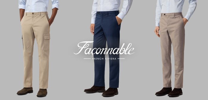 Trois paires de pantalons pour hommes : cargo beige avec poches, classique bleu marine et en tissu texturé marron clair. Tous présentent des boutons contrastants et une coupe ajustée.
