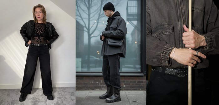 Două ținute: stânga prezintă o jachetă neagră din piele, bluză transparentă, blugi evazați și cizme groase. Dreapta poartă o jachetă gri din flanel, blugi negri și căciulă.